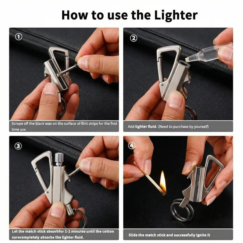 3-In-1 Metal EDC Keychain - Waterproof Fire Starter, Bottle Opener & Reusable Cotton Wick Lighter