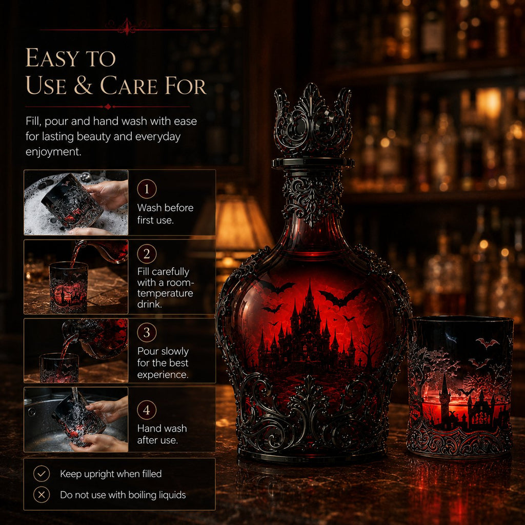 🦇 Gothic Vampire Castle Whisky Decanter & Tumbler – Free Shipping When You Choose the Bottle + Glass Set