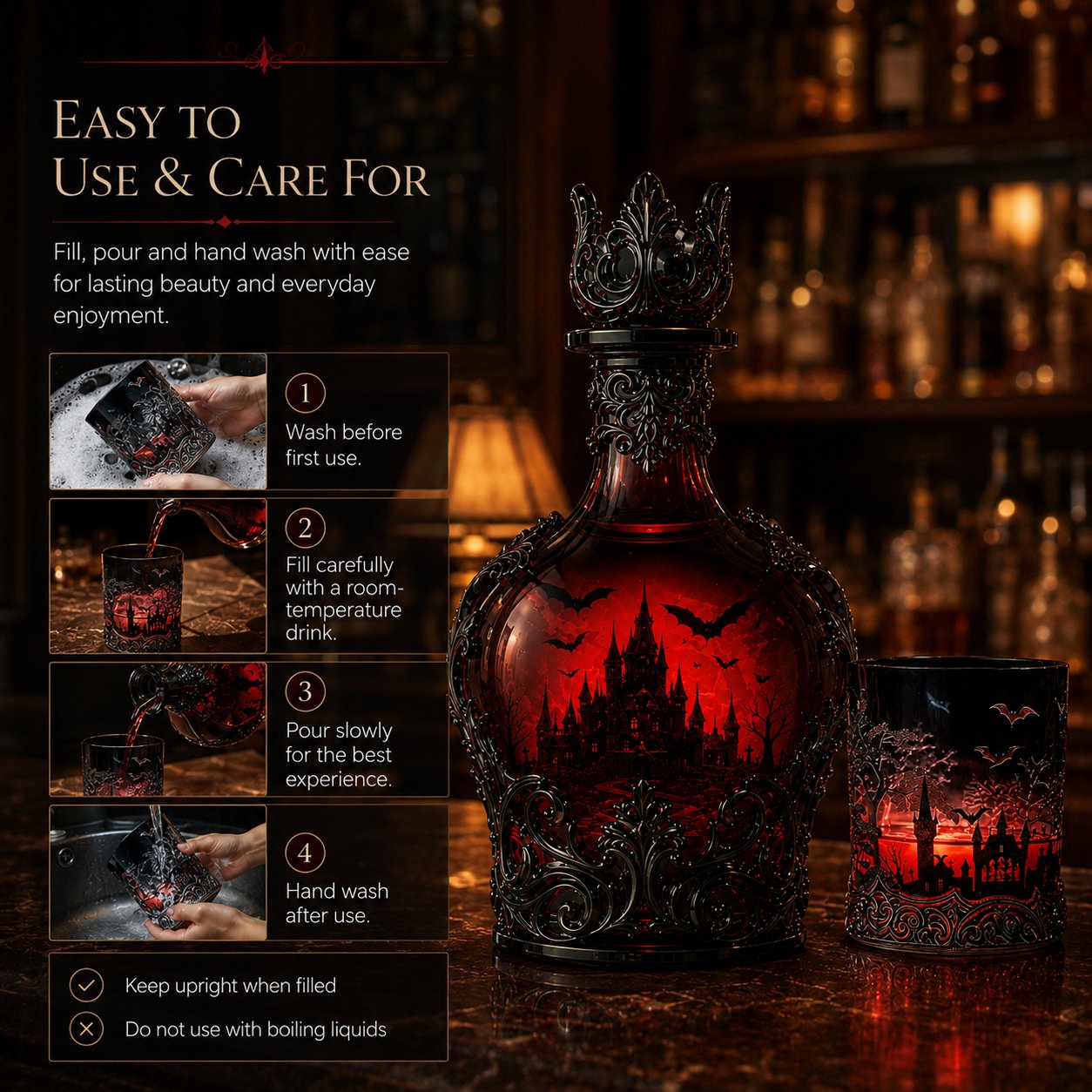 🦇 Gothic Vampire Castle Whisky Decanter & Tumbler – Free Shipping When You Choose the Bottle + Glass Set
