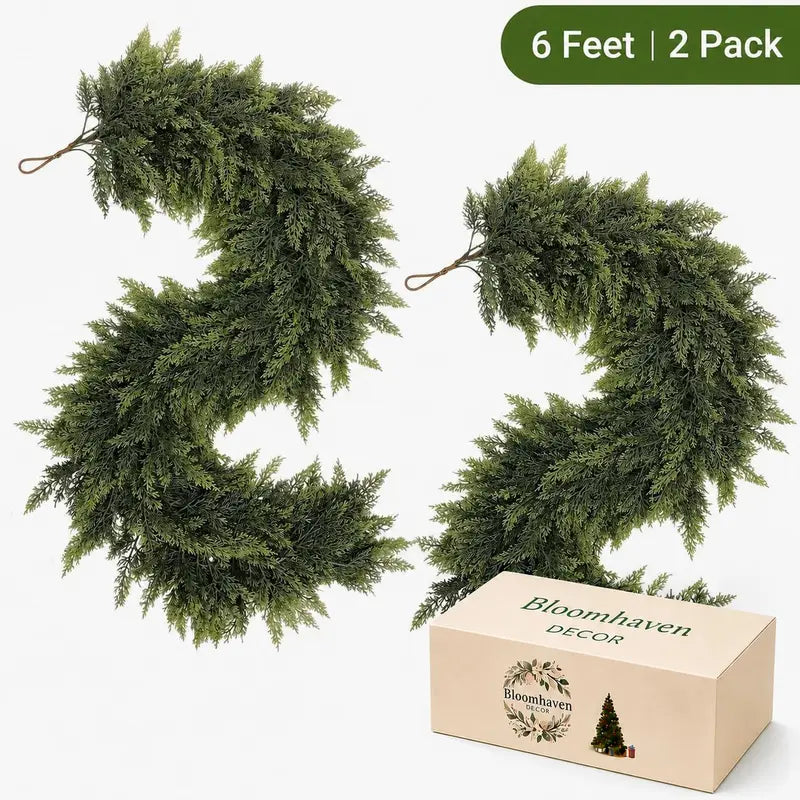 6 FT Artificial Cedar Garland 2 Pcs - Real Touch Winter Pine Greenery for Christmas Indoor & Outdoor Decor