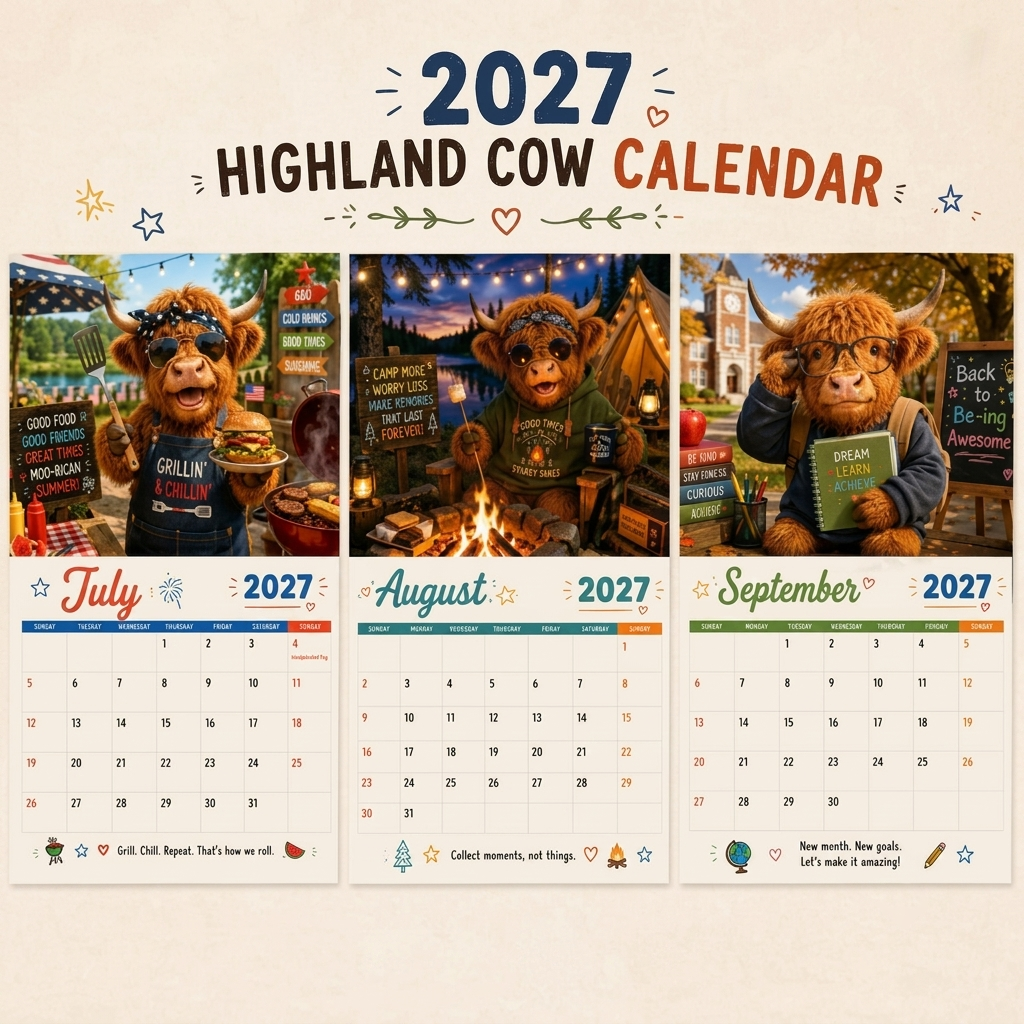 2027 Funny Highland Cow Wall Calendar | A4 Hanging Calendar