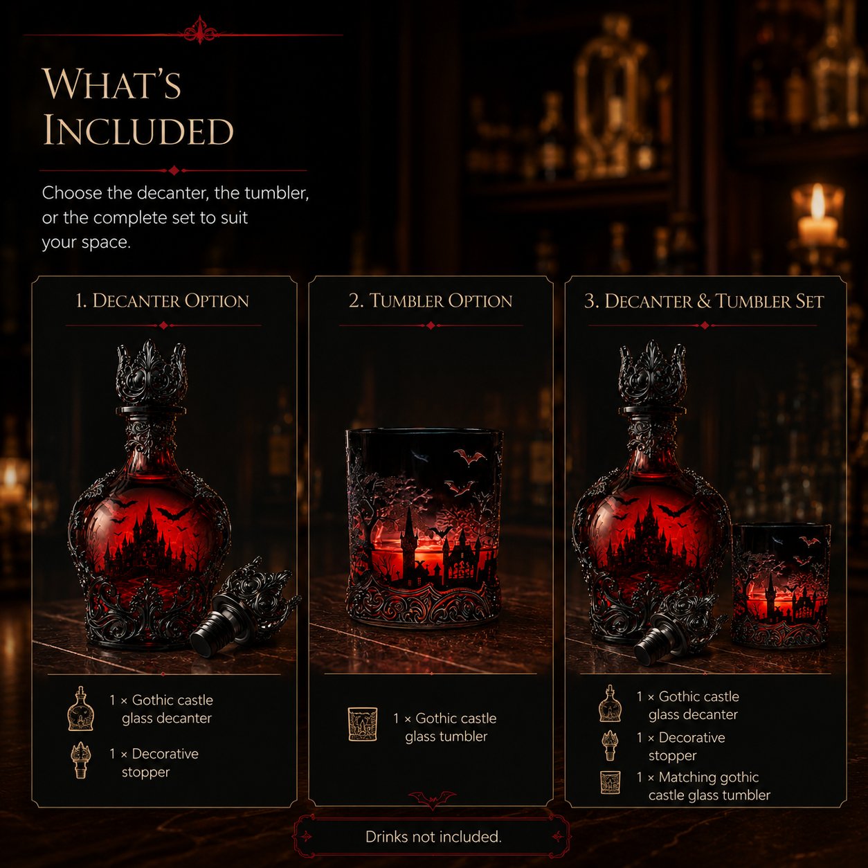 🦇 Gothic Vampire Castle Whisky Decanter & Tumbler – Free Shipping When You Choose the Bottle + Glass Set