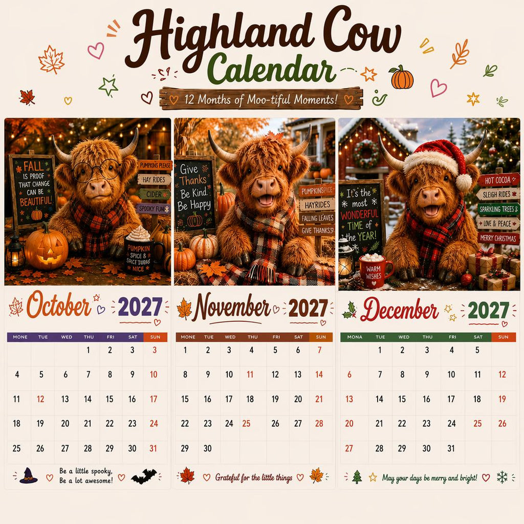 2027 Funny Highland Cow Wall Calendar | A4 Hanging Calendar