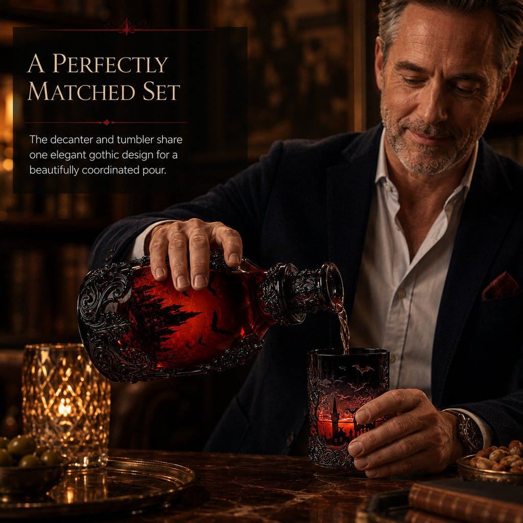 🦇 Gothic Vampire Castle Whisky Decanter & Tumbler – Free Shipping When You Choose the Bottle + Glass Set