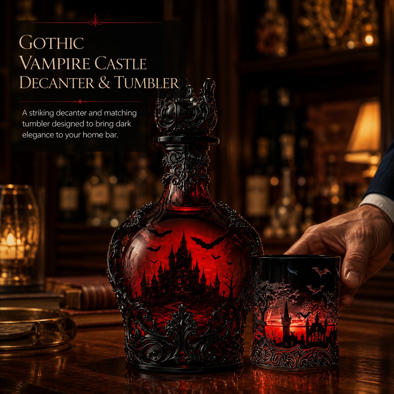 🦇 Gothic Vampire Castle Whisky Decanter & Tumbler – Free Shipping When You Choose the Bottle + Glass Set