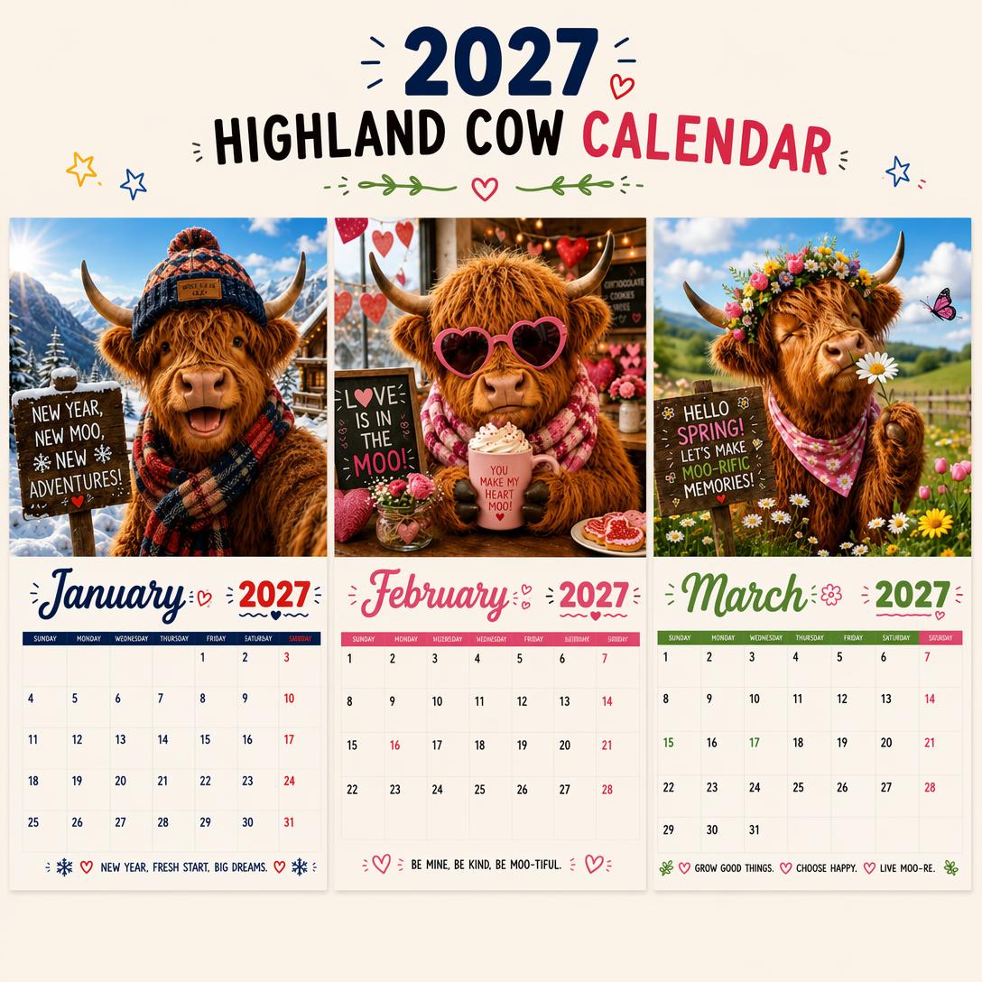 2027 Funny Highland Cow Wall Calendar | A4 Hanging Calendar
