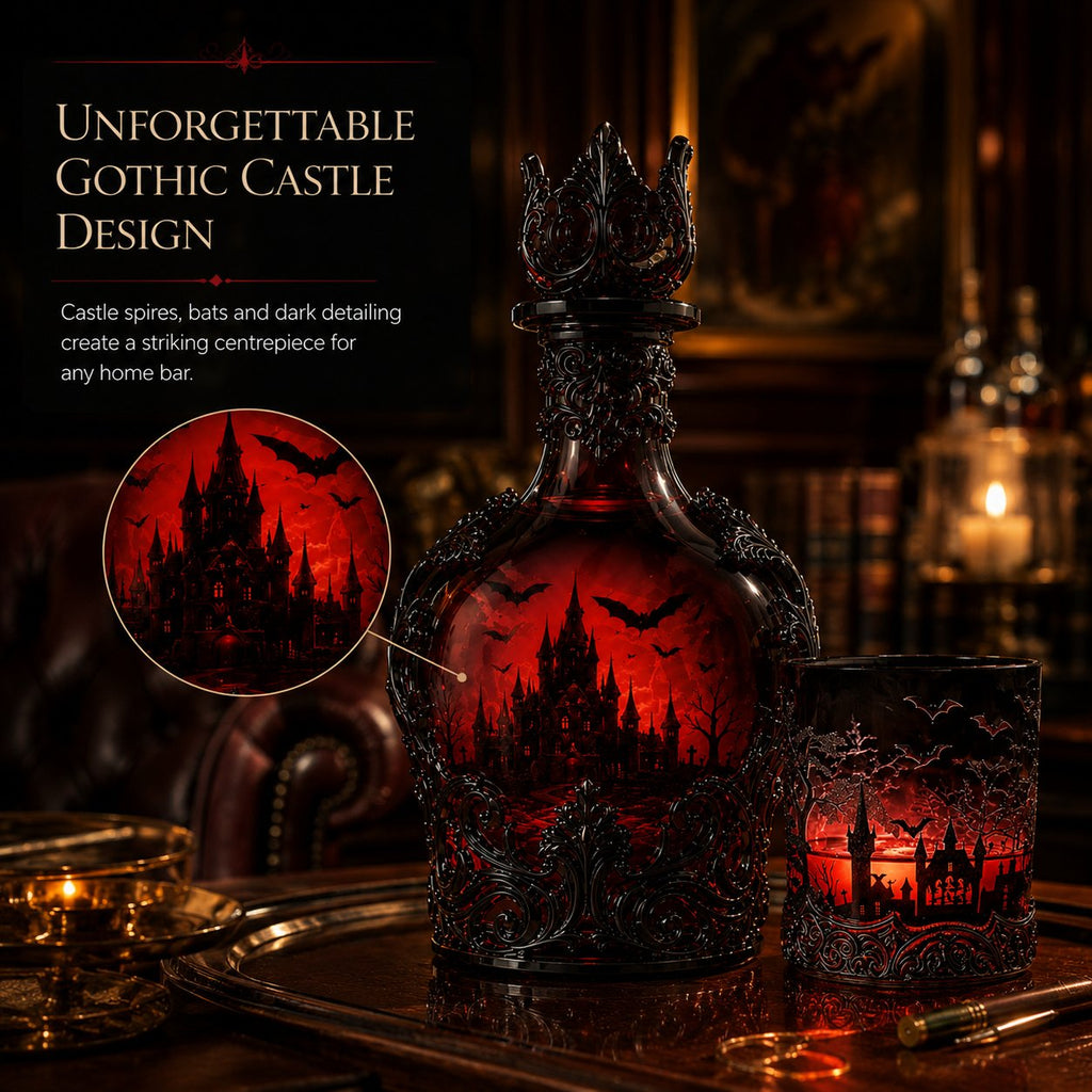 🦇 Gothic Vampire Castle Whisky Decanter & Tumbler – Free Shipping When You Choose the Bottle + Glass Set