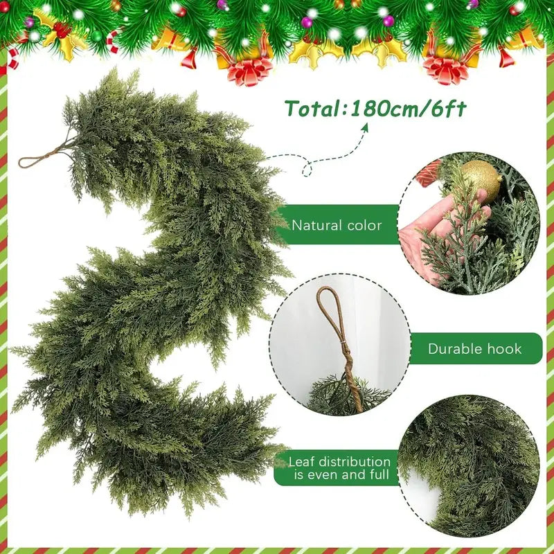 6 FT Artificial Cedar Garland 2 Pcs - Real Touch Winter Pine Greenery for Christmas Indoor & Outdoor Decor