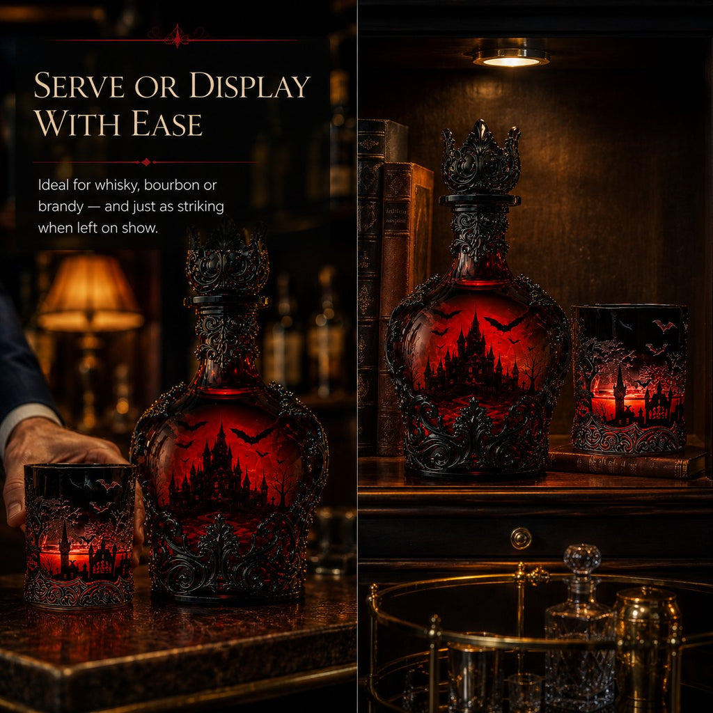 🦇 Gothic Vampire Castle Whisky Decanter & Tumbler – Free Shipping When You Choose the Bottle + Glass Set