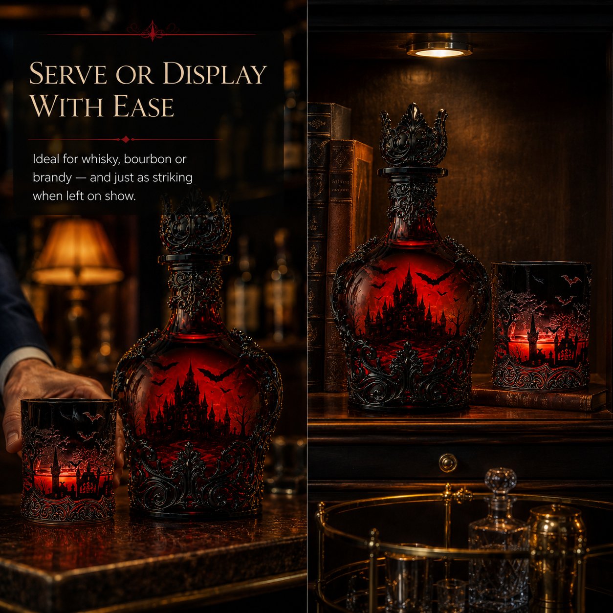 🦇 Gothic Vampire Castle Whisky Decanter & Tumbler – Free Shipping When You Choose the Bottle + Glass Set