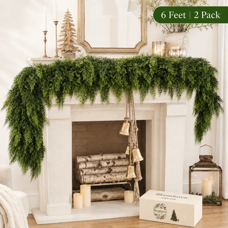 6 FT Artificial Cedar Garland 2 Pcs - Real Touch Winter Pine Greenery for Christmas Indoor & Outdoor Decor