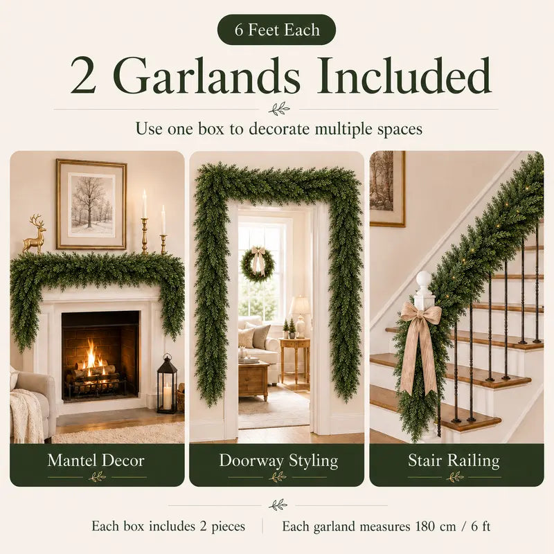 6 FT Artificial Cedar Garland 2 Pcs - Real Touch Winter Pine Greenery for Christmas Indoor & Outdoor Decor